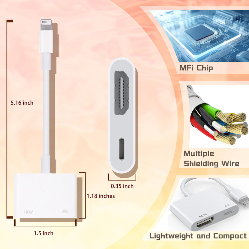 Lightning to HDMI Adapter [Apple MFi Certified], Lightning Digital AV Adapter 1080P Sync Screen Cable with Charging Port Compatible with iPhone/iPad on HDTV/Projector/Monitor No Power Needed HDMI Adapter White