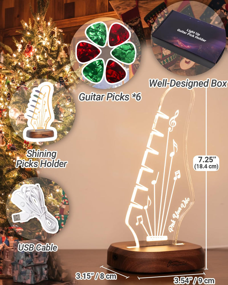 Light Up Guitar Pick Holder with 6 Guitar Picks, Acacia Wood & Acrylic Guitar Headstock Shaped Pick Holder Case for Guitar Pick Storage & Display, Guitar Music Accessories Gift for Guitar Lover Player