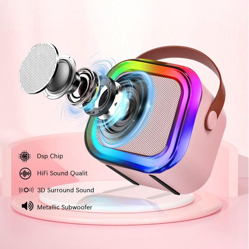 Mini Karaoke Machines for Kids, Girls Portable Karaoke Machine with 2 Microphones Speaker, 3 LED Disco Lights,5 Funny Sound, Gift for Boy Toddler Teen Adult Birthday Holiday Home Party Pink
