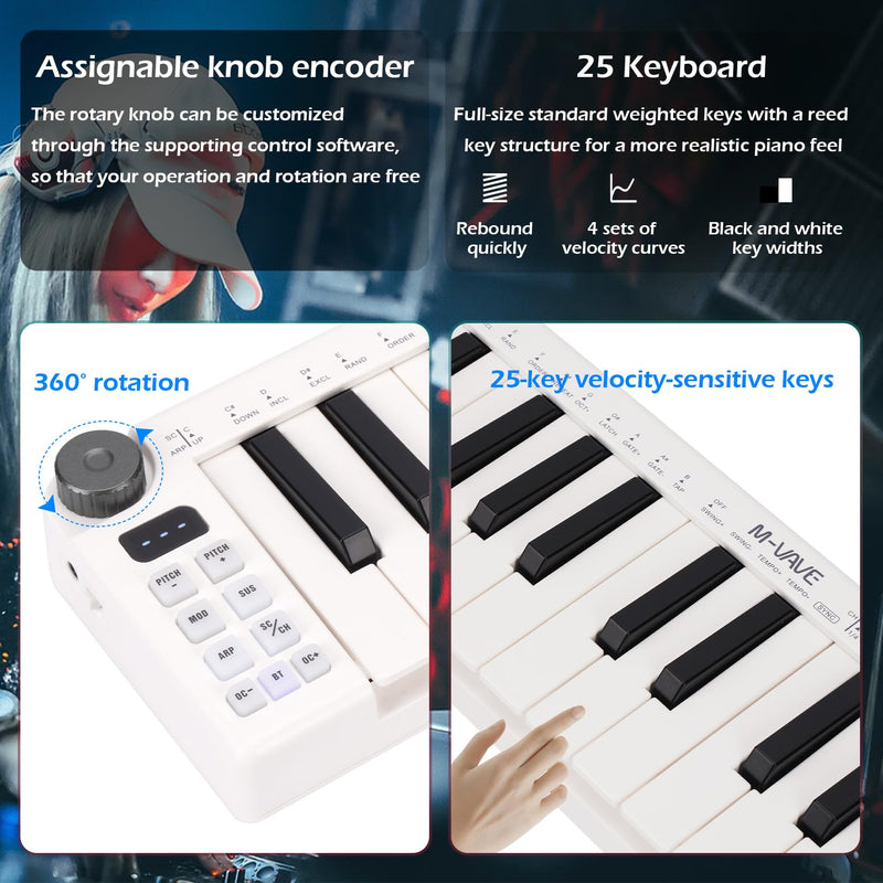 M-VAVE 25 Keys Mini Keyboard – Professional Beat Maker and Keytar for Keyboard Music Production Builtin Battery Wireless Connect White Mini no PADS