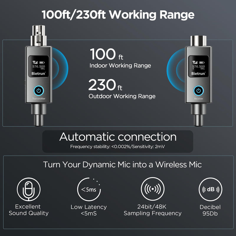 Bietrun Wireless XLR Transmitter Receiver, XLR Wired to Wireless Mic Adapter, UHF 230ft Range, 30 Channels, Receiver with Bluetooth, to 1/4'' Adapter, for Dynamic/Condenser Mics, Audio Interface