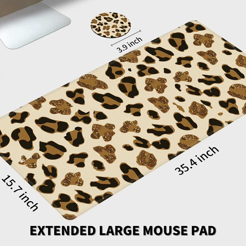 Leopard Glitter Mouse Pad Large with Coaster, 35.4"x15.7" Full Desk Mousepad Stitched Edges Non Slip Base Desk Pad Extended Large Gaming XXL Mouse Pad for Desk Office Home XXL-35.4"x15.7"x0.12" Leopard Glitter