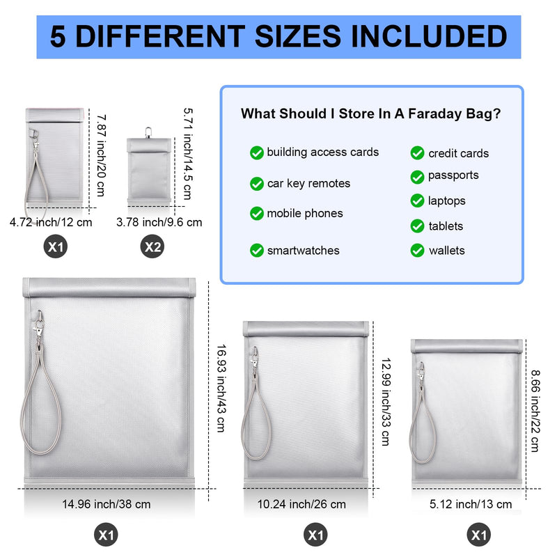 Shinylin 6 Pack Faraday Bags, Signal Blocking Pouches for Laptop Phone Car Key Tablet, Waterproof EMP Proof Anti Theft Anti Tracking Blocker Case (Silver) Silver
