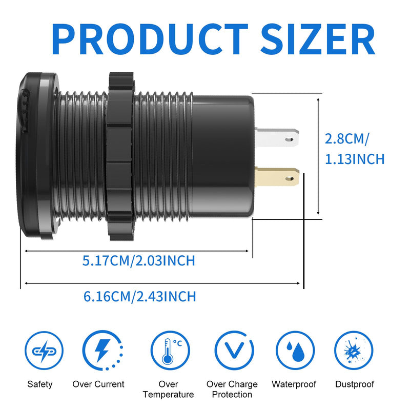 2 Pack 12V USB Outlet 4 Port Car Charger Socket, 78W Dual PD USB C and Dual Quick Charge 3.0 Port Aluminum Charger with Voltmeter DIY Kit Waterproof for Car Boat Marine Motorcycle RV ATV Truck, etc Pack of 2