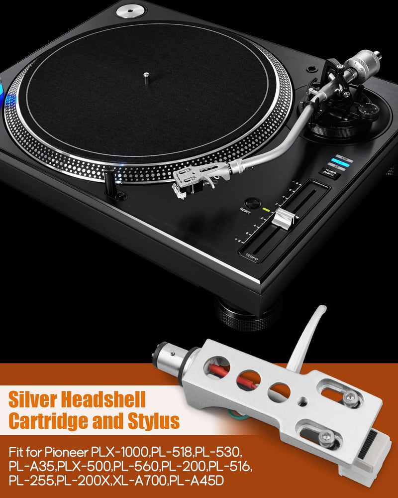 Silver Headshell, AT-3600L Magnetic Cartridge Stylus Fit for Pioneer PLX-1000 PL-518 PL-530 PL-A35 PLX-500 PL-560 PL-200 PL-516 PL-255 PL-200X XL-A700 PL-A45D Silver Headshell