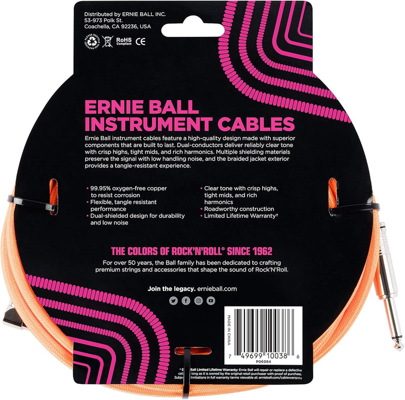 Ernie Ball Braided Instrument Cable Set Straight/Angle Length 18ft in Neon Orange (P06084) - Pack of 2