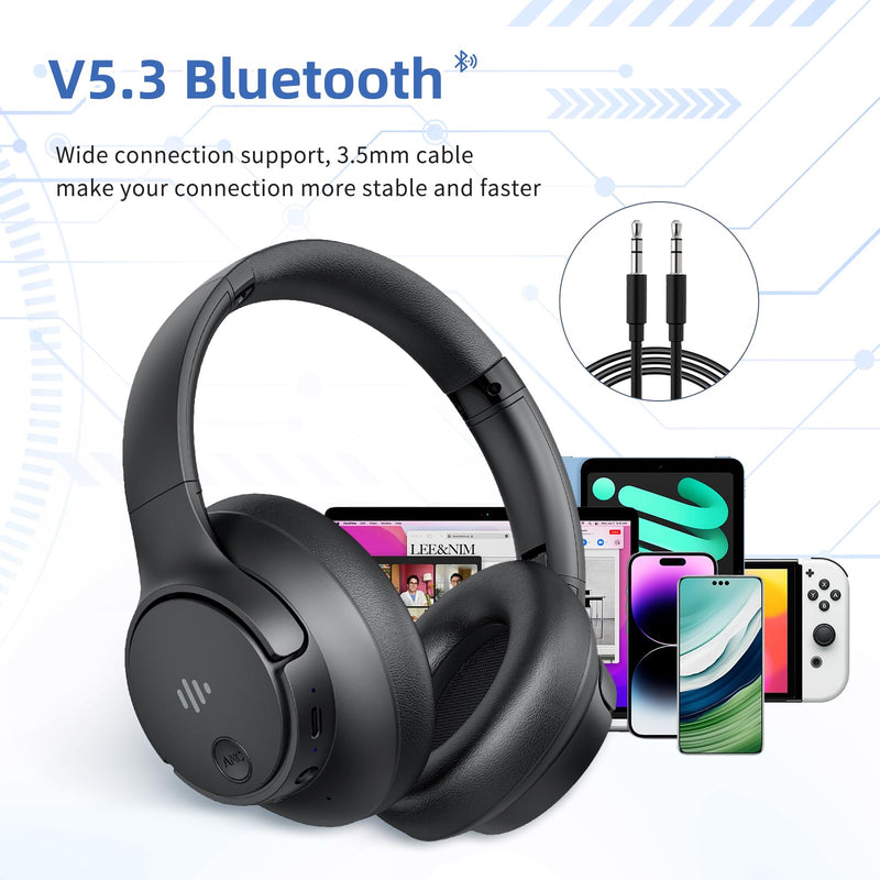 [AUSTRALIA] - Active Noise Cancelling Headphones,Wireless Over Ear Bluetooth Headphones with Microphone, Transparency Mode, 70H Play Time, Hi-Res Audio,(Deep Bass,) Lightweight Design, Bluetooth 5.3-Black 