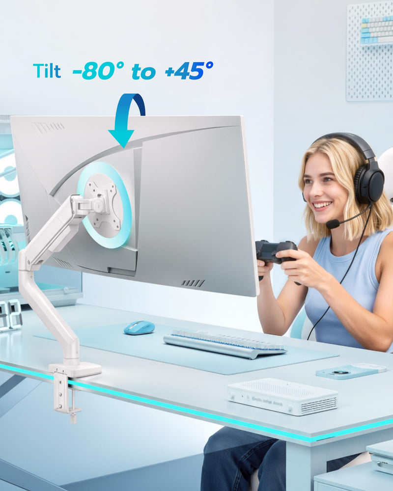ARES WING 17-40 Inch Heavy Duty Monitor Arm, White | Fully Adjustable Monitor Mount for Ultrawide Screens up to 26.4 lbs with Clamp/Grommet Desk Mount, 75/100 Vesa Mount Non USB