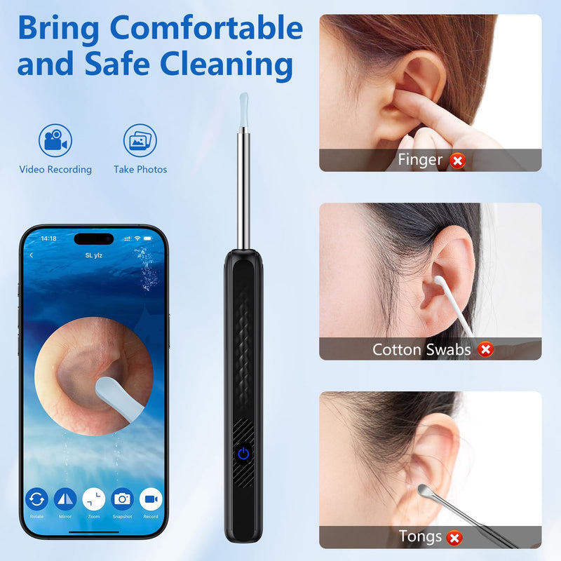 GlasFlength Ear Wax Remover Otoscope, WiFi Ear Cleaner with 1296P HD Camera Wireless Waterproof Ear Cleaner with 6 LEDs 3.6 mm Lens Ear Cleaner for iOS and Android Phones (Black)