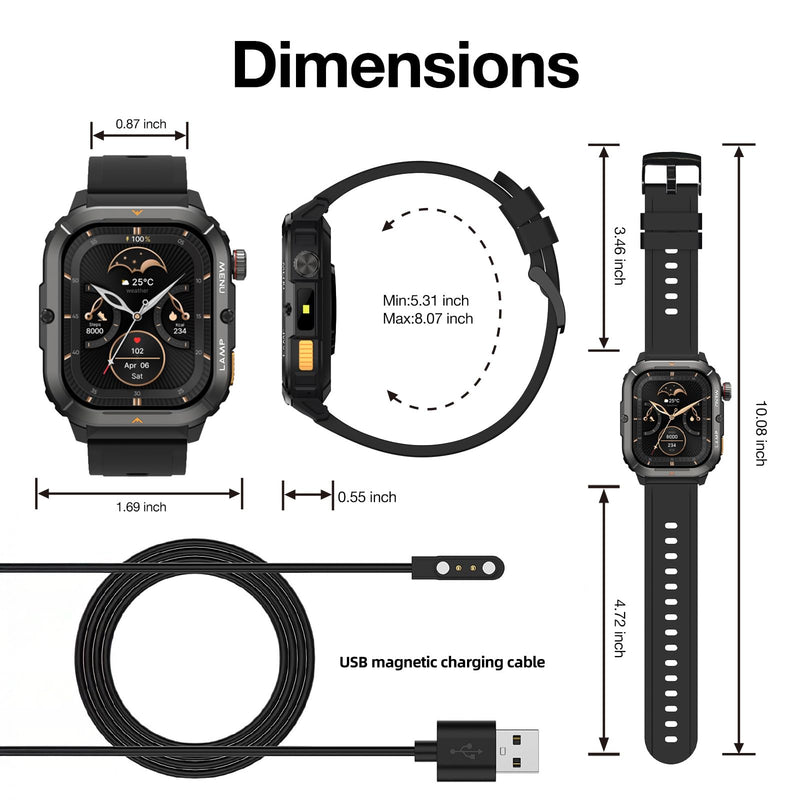 AGM 1.95" AMOLED Rugged Smartwatch, Wrist Call, Heart Rate, SPO₂ & Sleep Monitor, Fitness Tracker, Notification, Weather, Find Phone, Music & Camera Control, Custom Watch Faces 1.95 Inch