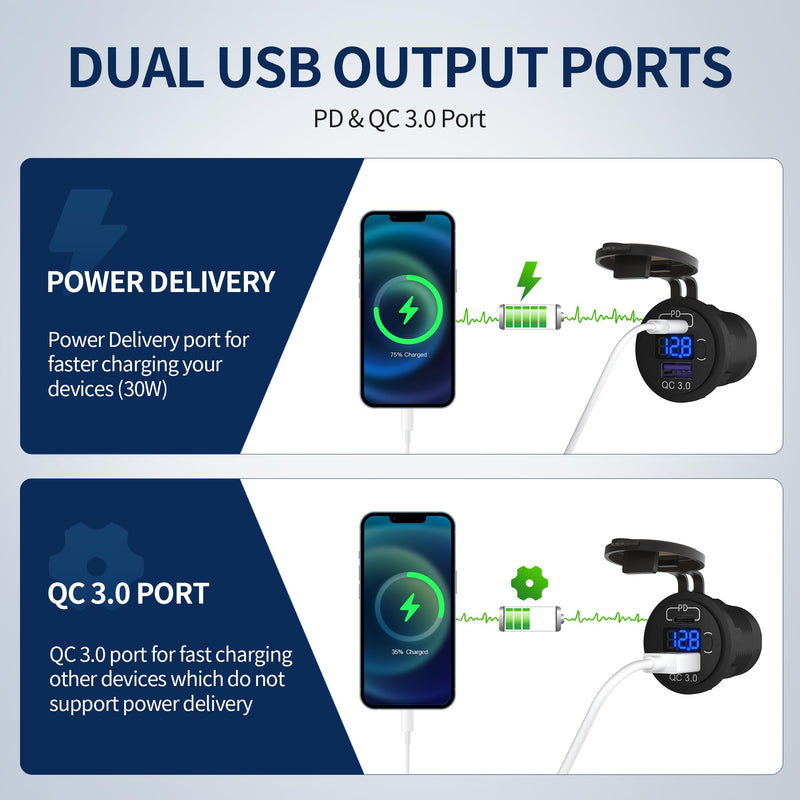 DaierTek 12V USB C Car Charger Socket 3-Pack - 48W PD & QC 3.0 Fast Charging Dual USB Outlet with Voltmeter & ON/Off Switch, Waterproof 12V Charging Port for Car, Marine, Boat, Golf Cart