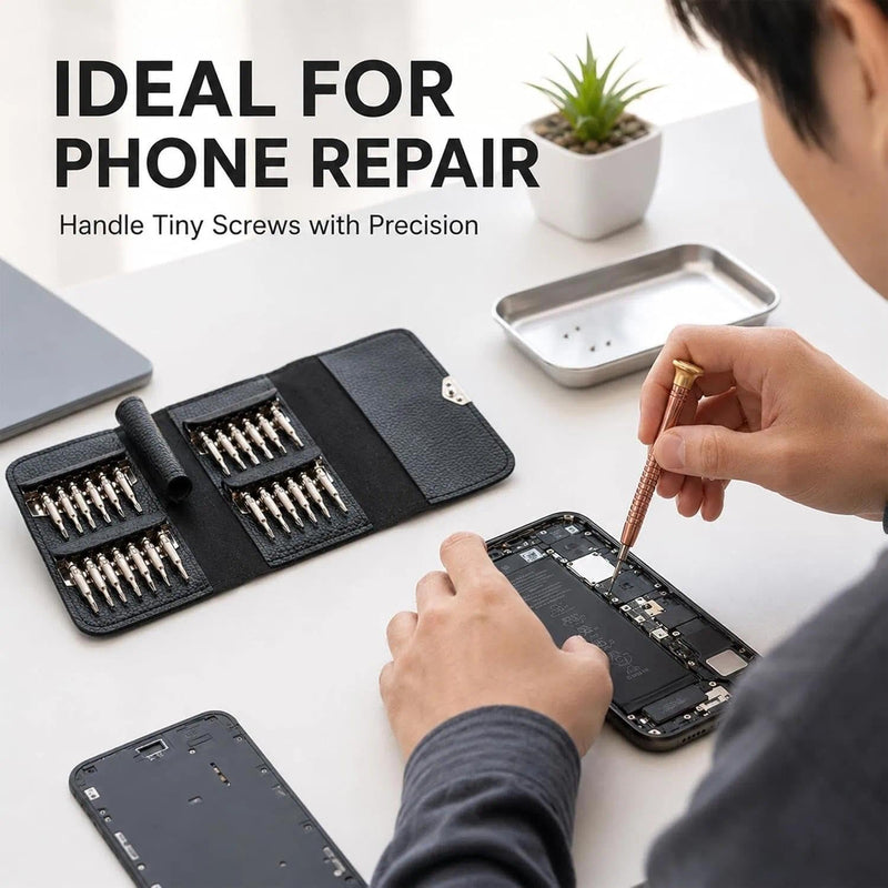 Black Mini Precision Screwdriver Set for Electronics Repair | Magnetic rotatable handle, non-slip grip, 4.2x2.5x0.6in pocket size, for smart devices & consoles.