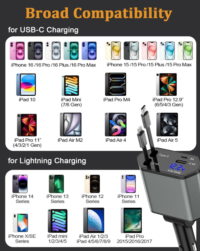 Retractable Car Charger,66W 4 in 1 iPhone 16 15 Car Charger iPhone Adapter | with 2 Retractable iPhone Charger Cables(USB C+Lightning),2 USB Ports(USB C+USB A) for iPhone 17 16 15 14 13 12 11 Pro Max XS USB A & USB C Black