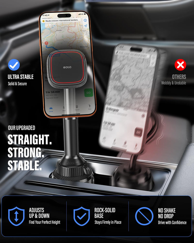 Cup Holder Phone Mount for MagSafe, Strong N55 Magnetic Hold, 360° Rotation | 1-second snap-on, stable expandable cup base, anti-shake design, ultra-strong N55 magnetic hold, leather-texture design Black & Red-Magsafe