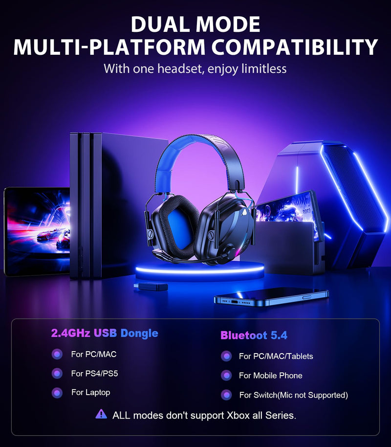 Vakedy Wireless Gaming Headset for PS5, PS4, PC, 2.4GHz Low-Latency & Bluetooth 5.4 Gaming Headphone with Noise Canceling Mic, 50mm Drivers, 50H Battery Wireless Headset for Switch, Mobile, Mac
