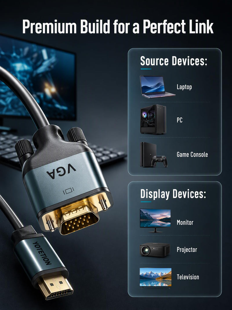 HDMI to VGA 75Ft Cable with IC, Gold-Plated HDMI to VGA Compatible for Computer, Desktop, Laptop, PC, Monitor, Projector,HDTV, Raspberry Pi, Roku, Xbox and More, Green-Gray Aluminum Shell