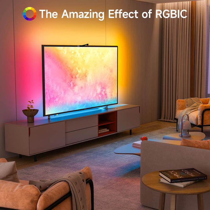 Smart LED Backlight with Camera for 55-65 inch Screens, 12.5ft LED Strip Lights Sync to Screen & Music, Color Changing Lights Work with Alexa & Google Assistant, App Control for 55-65 inch TVs