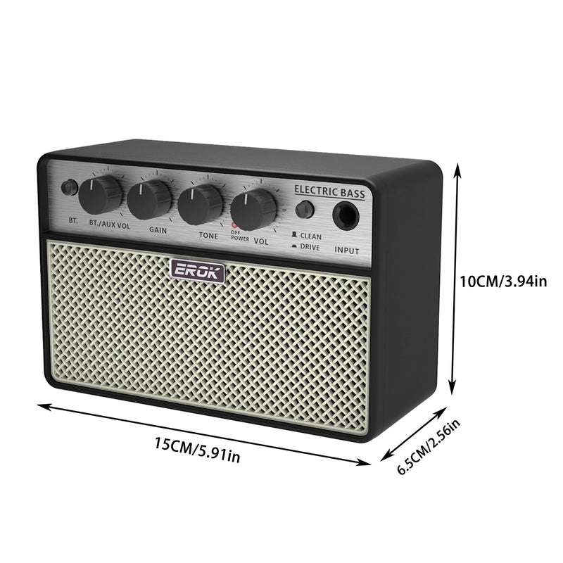 EROK Mini Bass Amp, Portable Amplifier with Clean/Drive Dual Channels, 3.5mm Headphone/AUX Input, Compact Design for Practice & Small Gigs