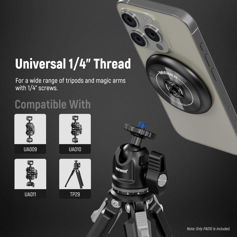 [AUSTRALIA] - NEEWER Magnetic Phone Tripod Mount Adapter with Adhesive Magnetic Ring Compatible with MagSafe iPhone 15 Pro Max 15 Plus 14 13 12, 1/4" Thread for iPhone Video Recording Selfie Stick Ring Light, PA010 PA010(1 Pack) w/Magnetic Ring 