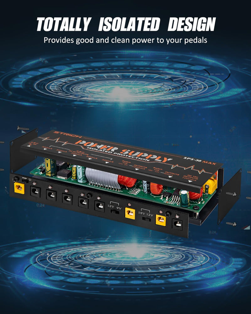 [AUSTRALIA] - STRICH Guitar Pedal High Power Supply, Pedalboard Power Supply with 8 Totally True Isolated DC 9V/12V/18V Outputs(500mA/1000mA), Power Supply for Power-hungry Effect Pedal, Noiselessly, SPS-30 MAX 