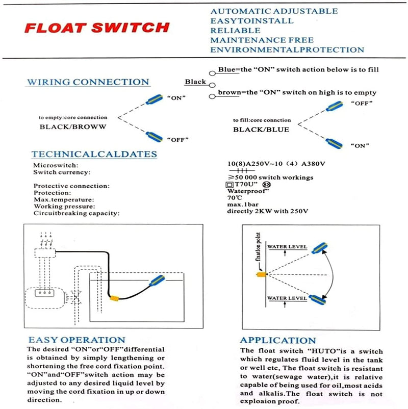 PIQIUQIU 3 Metre Cable Water Level Controller, Liquid Level Sensor Float Switch, 220 V Level Switch, Water Level Regulator Pump