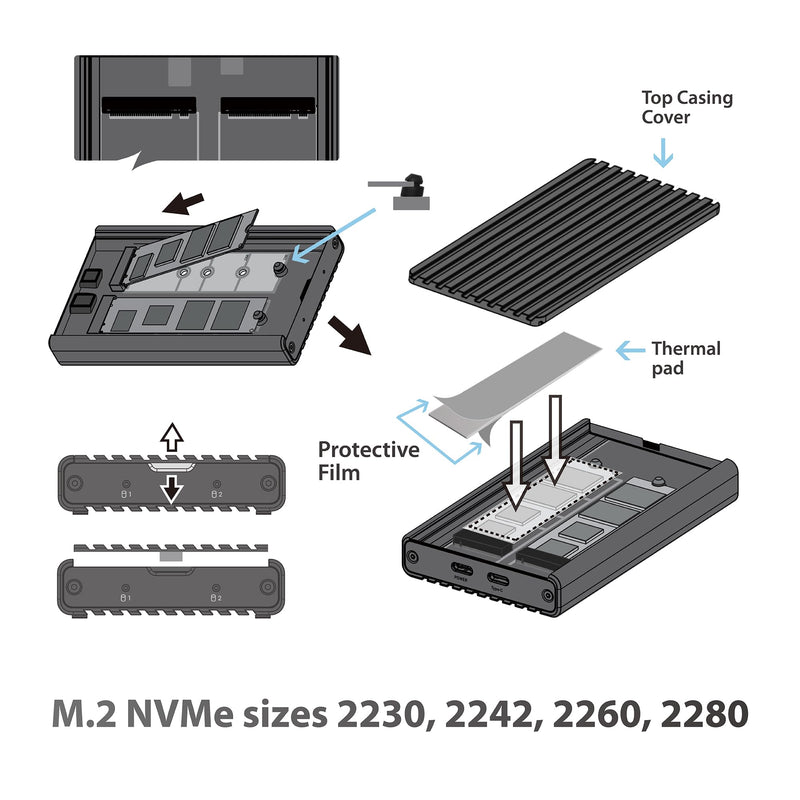 Vantec NexStar SX, USB 3.2 Gen2x2 (20Gbps), M.2 NVMe Enclosure only, USB C, Design for Two Modules Storage (NST-262C3)