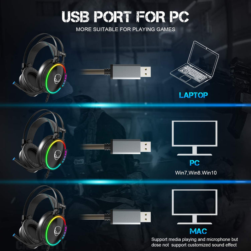 [AUSTRALIA] - ETWAR EG100 USB Wired Gaming Headset for PC, 7.1 Surround Sound,Computer Headphones with Microphone/Mic Noise Cancelling, Video Gaming, RGB Flowing Light - for PS4, PS5,Laptop 