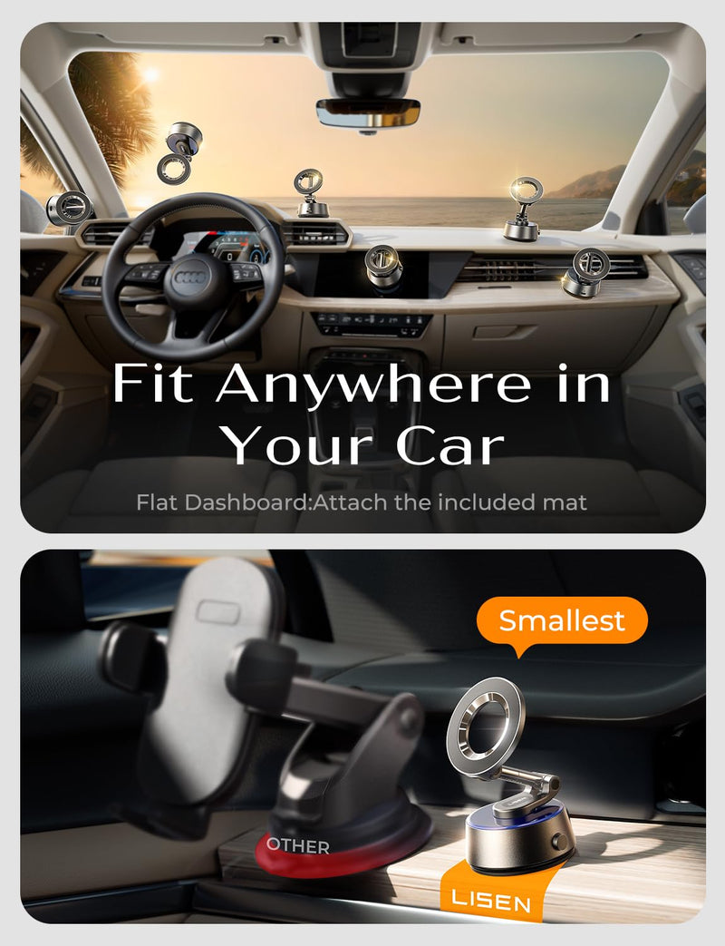 LISEN Suction Phone Mount【2026 Auto Vacuum 3.0】, 360 Adjustable Magnetic Phone Holder for Car Dashboard Universal Magsafe Accessories Gifts for Men Women for iPhone 17 Pro Max Air 16 15 14 13 12 Deep Gray
