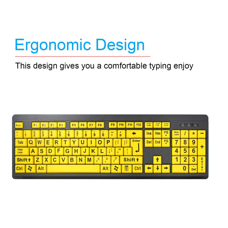 TANIX Large Print Computer Keyboard Wired USB Keyboard Big Print Letter with Yellow Keys High Contrast Yellow Keyboard Makes Type Easy