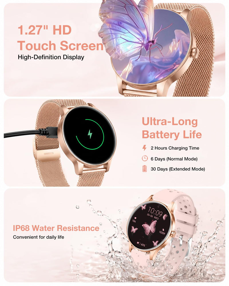Smart Watch for Women, 1.27"Fitness Tracker with IP68, 4Bands, iOS/Android | Bluetooth Call & Answer, 130+ Sports Modes with Heart Rate/Sleep Monitor, Round Rose Gold Watch for Gift
