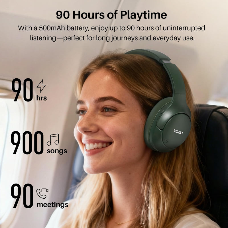 TOZO HT3 Hybrid Noise Cancelling Wireless Headphones, 90H Over Ear Headset | Hi Res Audio, AI Voice Assistant, Dual Device Connection, 32 Custom EQs, Built In 5 Mics, ANC, Foldable with Case Matte Green Headphones with Case