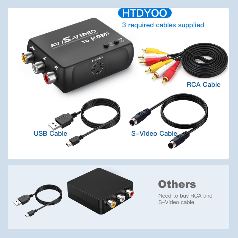 S Video RCA to HDMI Converter with RCA Cable + Svideo Cable + USB Cable, S-Video AV to HDMI Converte Compatible for PAL/NTSC for TV/PC/PS1/PS2/ STB/Xbox/VHS/VCR/DVD