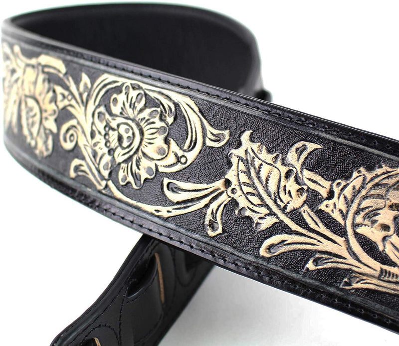 Walker & Williams KH-02-BLK Onyx Black Hand Carved Leather Padded Guitar Strap With Traditional Western Tooling For Acoustic, Electric, And Bass Guitars