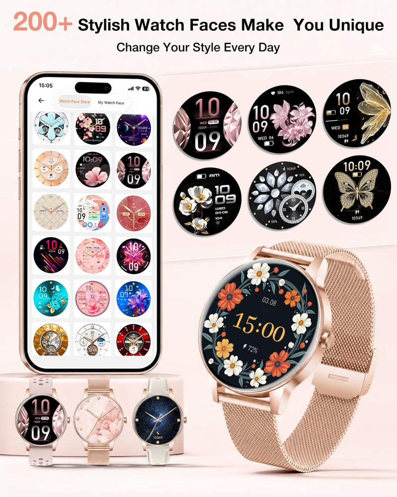 Smart Watch for Women, 1.27"Fitness Tracker with IP68, 4Bands, iOS/Android | Bluetooth Call & Answer, 130+ Sports Modes with Heart Rate/Sleep Monitor, Round Rose Gold Watch for Gift
