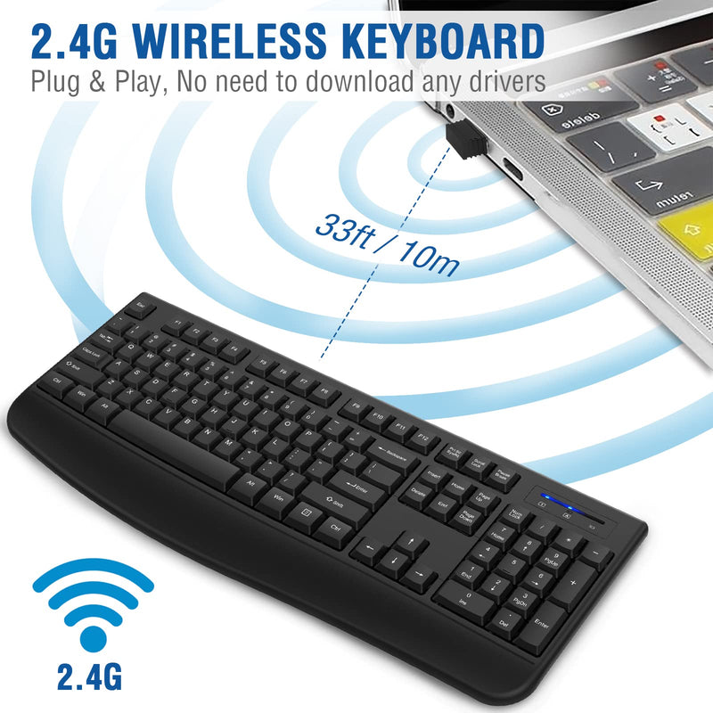 Wireless Keyboard, EDJO 2.4G Ergonomic Full Size Wireless Computer Keyboard with Wrist Rest for Windows, Mac OS Desktop/Laptop/PC（Black） black