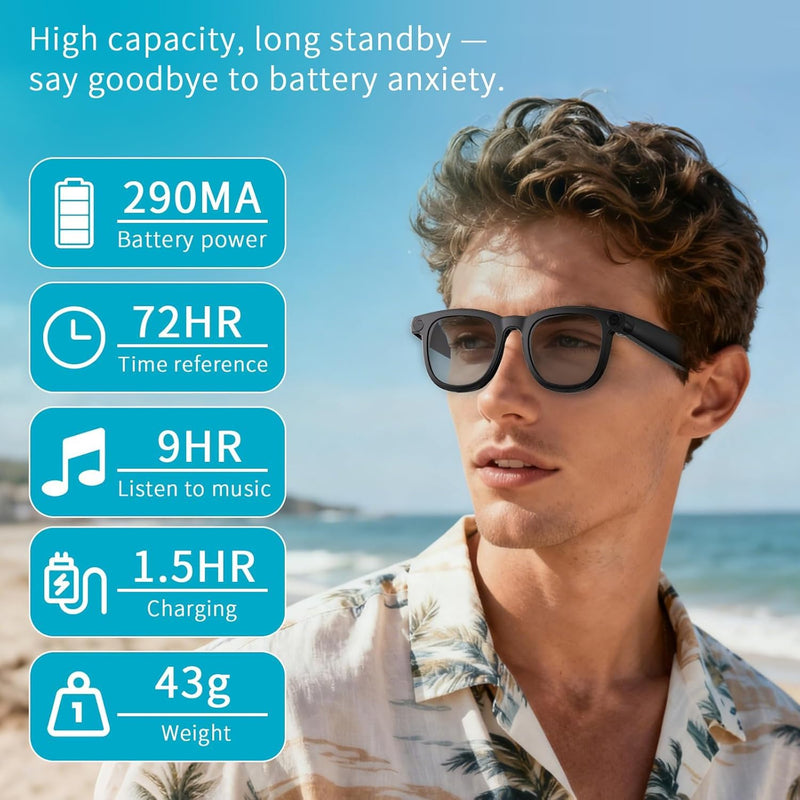 AI Smart Glasses with Camera, 8MP HD Camera Glasses for Men, Women, AI Recording Glasses with Voice Assistant, Open-Ear Audio, Real-Time Translation, Video Recording Sunglasses for Life & Travel