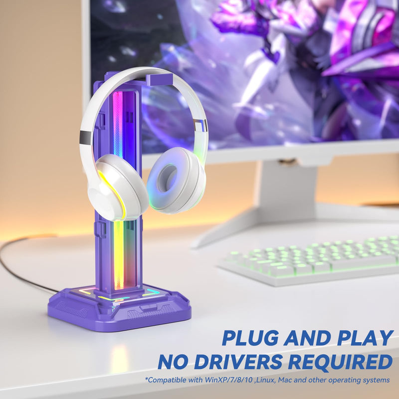 KDD RGB Headset Stand with 9 Light Modes - Controller Holder for Desk - Rotatable Headphone Stand & Detachable Controller Hook for PC Earphone Accessories(Purple) Purple