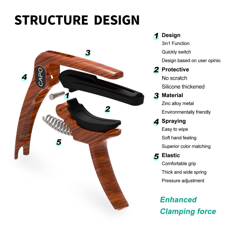 Guitar Capo, 3-in-1 multifunction capo for Acoustic and Electric Guitars (Free bonus 4 picks) with Pick Holder and Pin Puller, Guitar Accessories, wood grain color