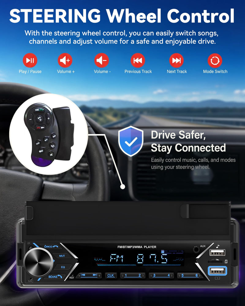 Single DIN Car Stereo Bluetooth Car Radio with FM/MP3/AUX Dual USB SWC Colorful Lights Phone Holder & Wireless MIC P2