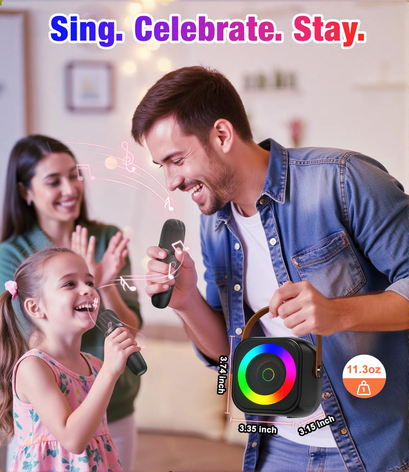 Mini Karaoke Machine, Portable Bluetooth Speaker with 2 Wireless Microphones for Kids & Adults, Karaoke Microphone with LED Lights, Gifts for Girls & Boys Black