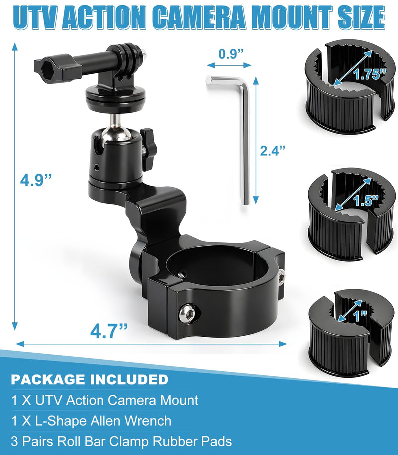 [AUSTRALIA] - UTV Aluminum Action Camera Clamp Mount Holder Fits for GoPro Hero 13 12 11 10 9 8 7 6 5 4 3 DJI Osmo Arlo Akaso EK7000 Insta360 Cams, 1-2" Roll Bar Clamps for SXS Polaris Ranger Can-Am CF Moto 