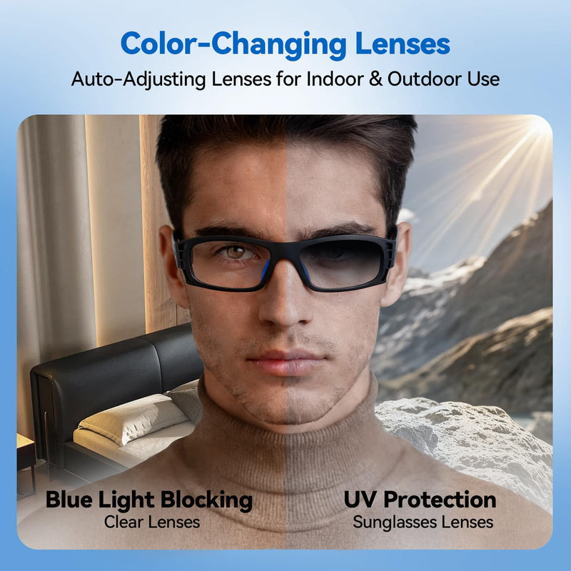 AI Smart Glasses for Women Men with Real-Time Translation, Music & Hands-Free Calling, AI Vioce Assistant, Photochromic Lens with UV & Blue Light Protection – Perfect for Hiking & Cycling Black Standard