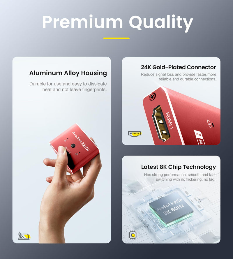HDMI Switch 4K 120Hz, avedio links 8K HDMI 2.1 Switch Splitter 2 in 1 Out, Aluminum Alloy Bi-Directional Switcher Support Ultra HD 8K@60Hz 4K@144Hz High Speed 48Gbps (Red)