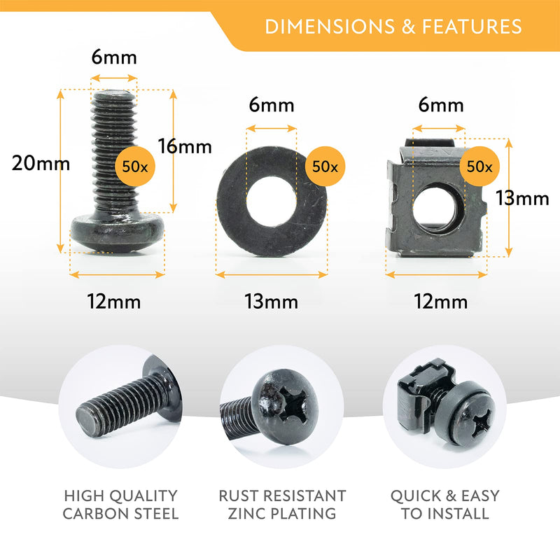 M6 Rack Screws, Cage Nuts and Nylon Washers (6mm x 16mm Screws, 50 Sets, Black) Rack Mount Screws for Server Console Mounting, Routers, Enclosures, Cabinets. Carbon Steel with Rust Resistant Zinc