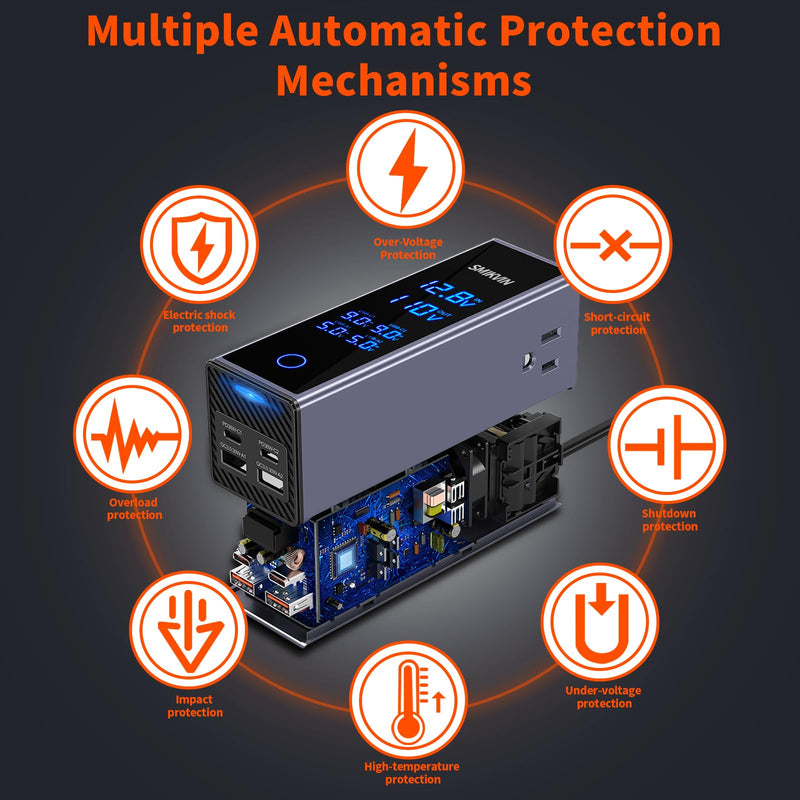 300W Car Power Inverter - 12V to 110V AC Converter with 2 AC Outlets & 4 USB Ports (2 PD 36W + 2 QC3.0 30W), Voltage Display, Cooling Fan for Laptop/CPAP/Travel 300W Light blue