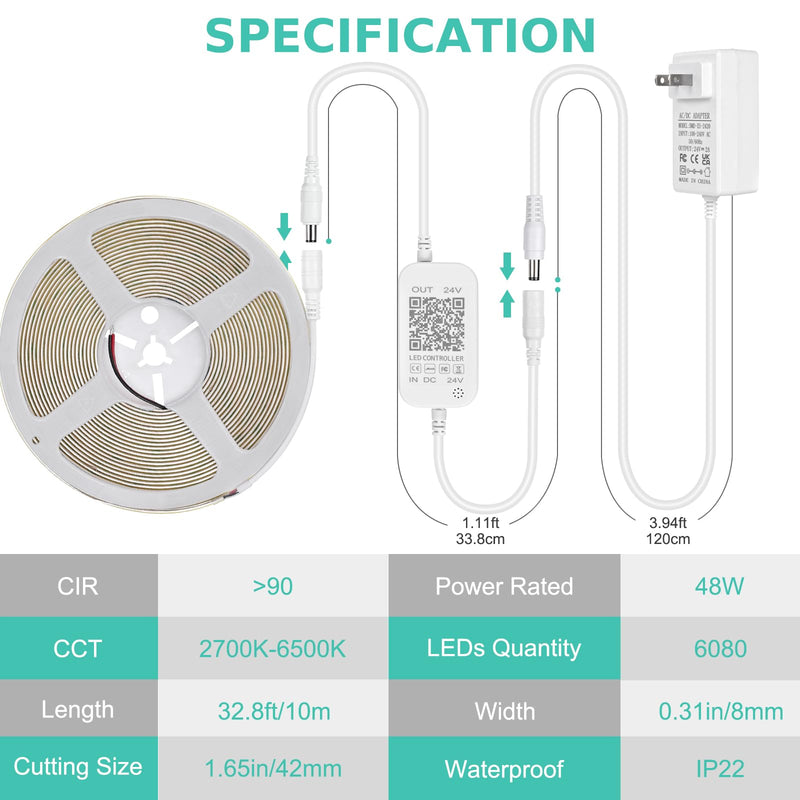 [AUSTRALIA] - Wefomey COB LED Strip Light White, Dimmable 2700K-6500K High Density 6080LEDs 24V Flexible LED Tape Light with Remote and APP Control, for Under Cabinet Bedroom Kitchen DIY Lighting,1 Rolls of 32.8ft 32.8FT-2700K-6500K Tunable White 