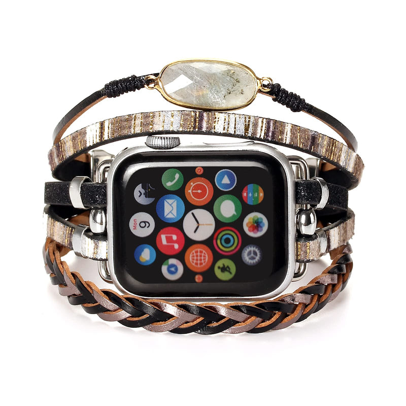 Boho Leather Wrap Bands Compatible with Apple Watch Band Bracelet for Women Men 38mm/40mm/41mm, Multilayer Apple Watch Strap for Iwatch Band Series 8/7/6/5/4/3/2/1/SE Ultra