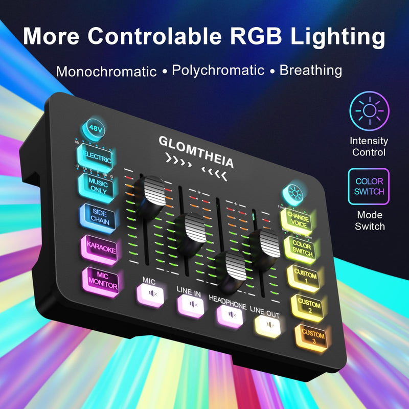 Gaming Sound Board Audio Interface Voice Changer for PC PS4 PS5 Streaming Mixer Soundboard Compatible with XLR Condenser/Dynamic Microphone