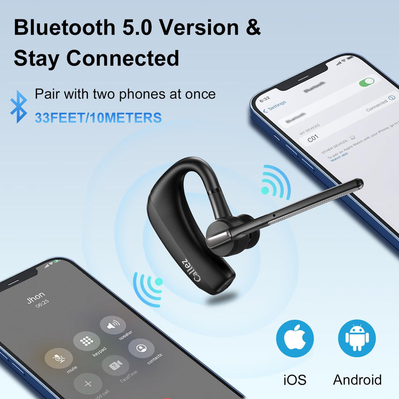 Callez Bluetooth Headset V5.0, Bluetooth Earpiece with CVC8.0 Dual Mic Noise Cancelling Wireless Headset for iPhone Android Cell Phone Trucker Business Office Work, Clear Chat Black
