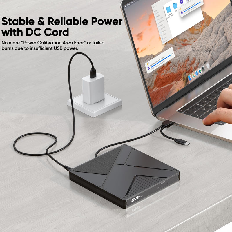 External DVD Drive, USB3.0/USBC DVD Player Reader Burner with Power Supply | for HP Lenovo Laptop MacBook Pro/Air/Neo mini PC, Win7/8/9/10 macOS Linux Black USB+USBC